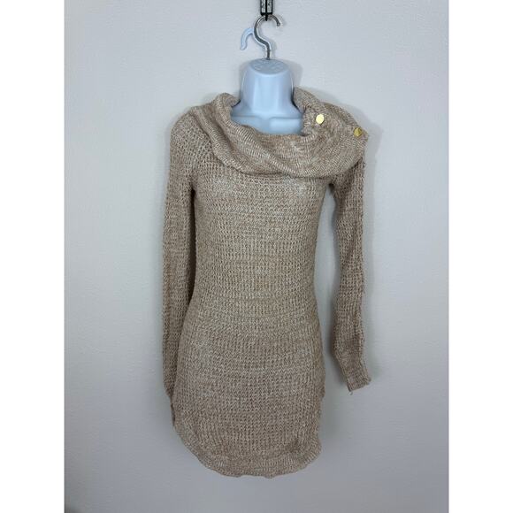 G by Guess Knit Sweater Dress Small Tan Beige Gold Button Detail - Picture 1 of 6